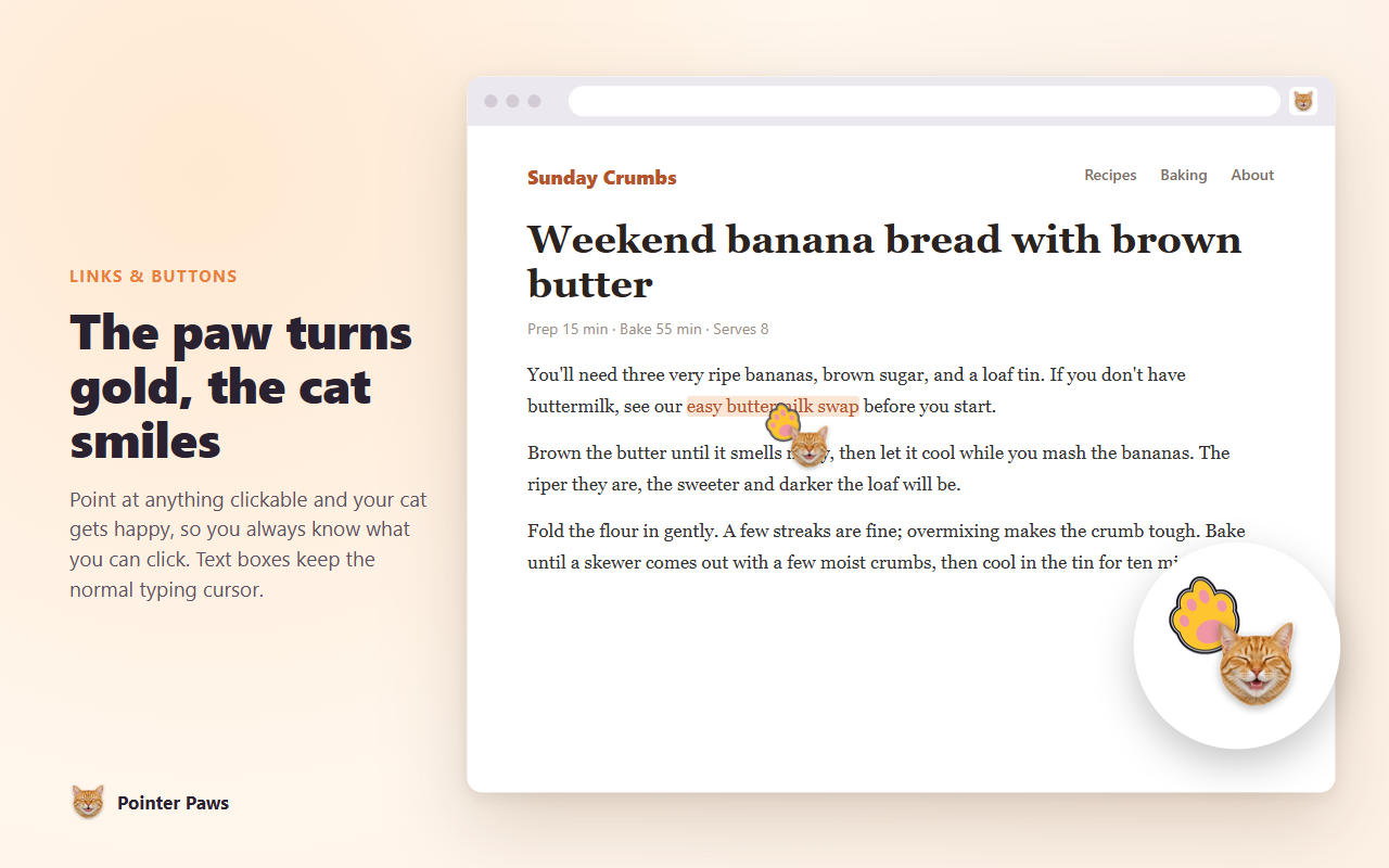 The paw cursor turns gold and the cat smiles over a link