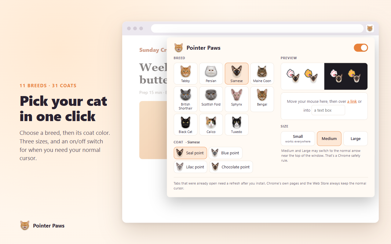 The Pointer Paws popup with the breed and coat picker